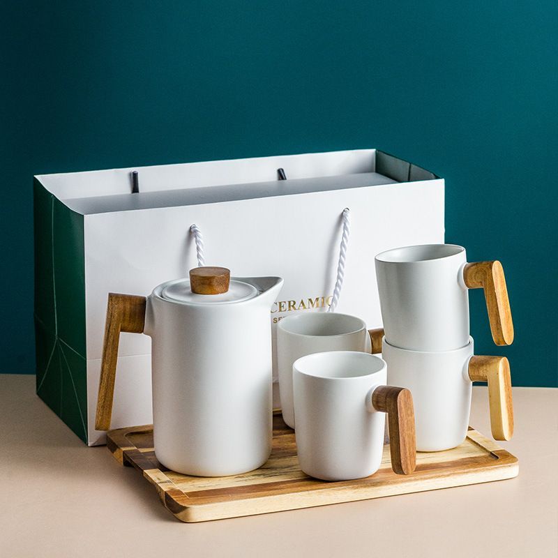 BPT - Set Cangkir Teko Nampan Kayu Set Marble Kettle Dengan Pegangan Kayu
