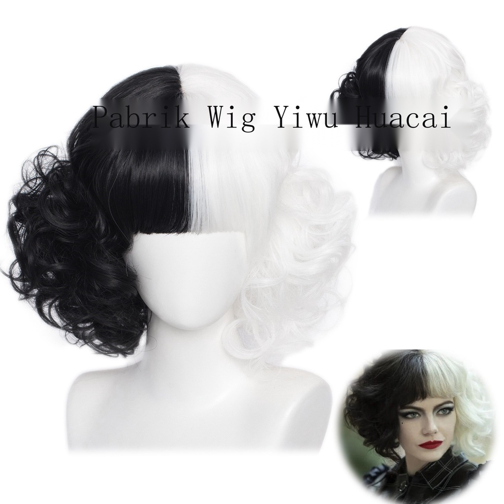 [Warna-warni] Cruella de Vil Kuira setengah hitam putih kecil versi poni keriting pendek cos wig