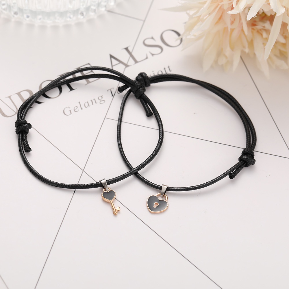 Simple Creative Heart Lock Key Couple Black Hand Rope Bracelet Set Vintage Bracelet Unisex Jewelry