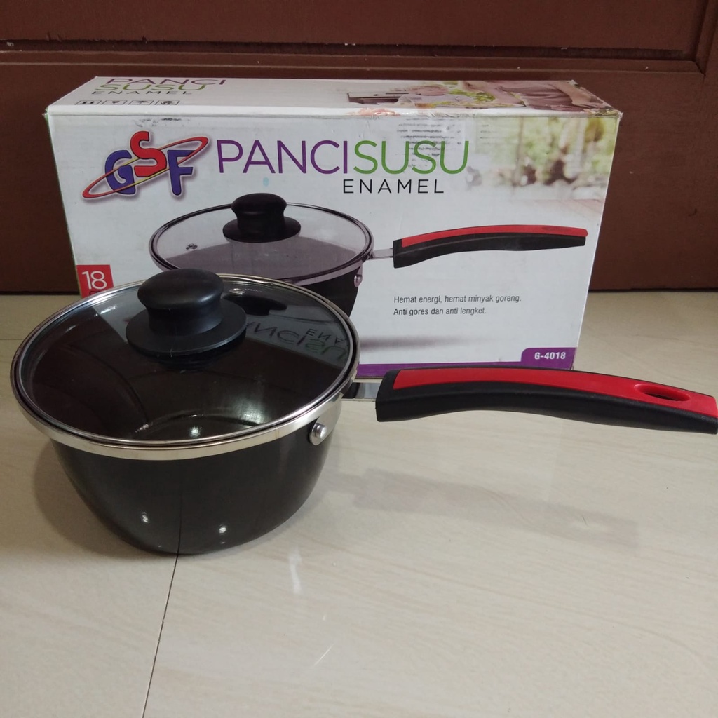 PANCI SUSU ENAMEL TUTUP KACA 18CM / SAUCE PAN ENAMEL GSF / GSF G 4018 / GSF 4018 / GSF G-4018