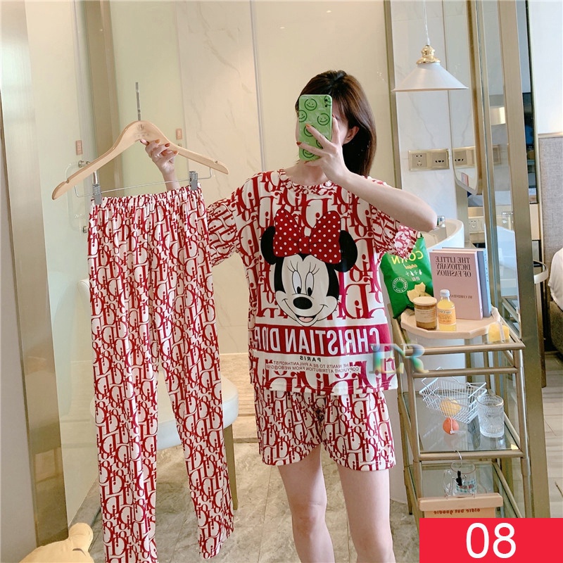 Baju Tidur Setelan Tiga Potong Celana Panjang + Pendek Piyama Wanita Dewasa 3 Potong pcs Kimono Lengan Pendek All Size Kimono Mickey Minnie Mouse