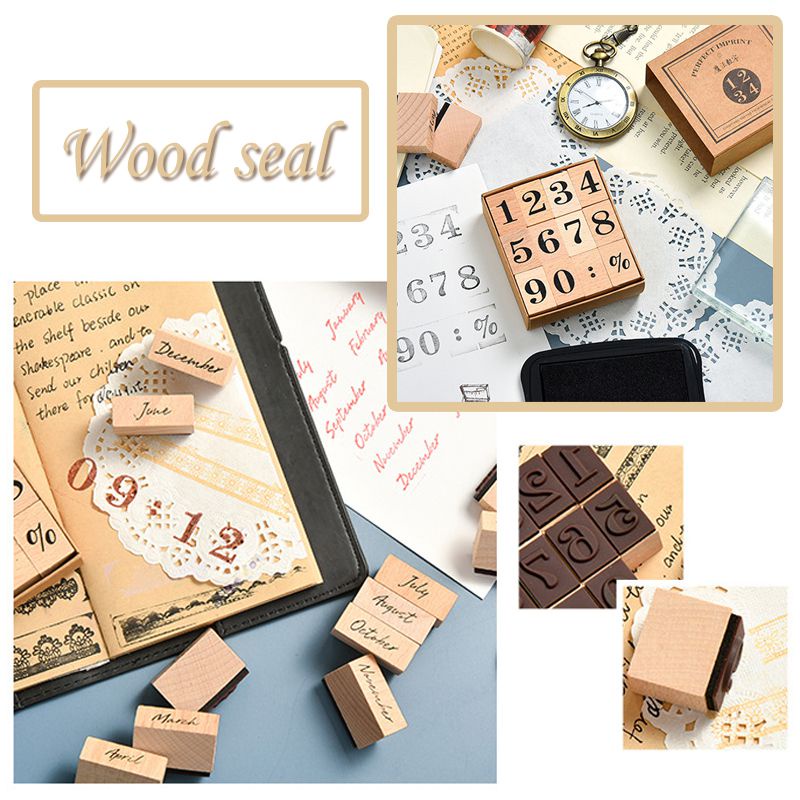 Vintage Wooden Stamp Set Month Week Number Diy Journal Scrapbooking Decorative