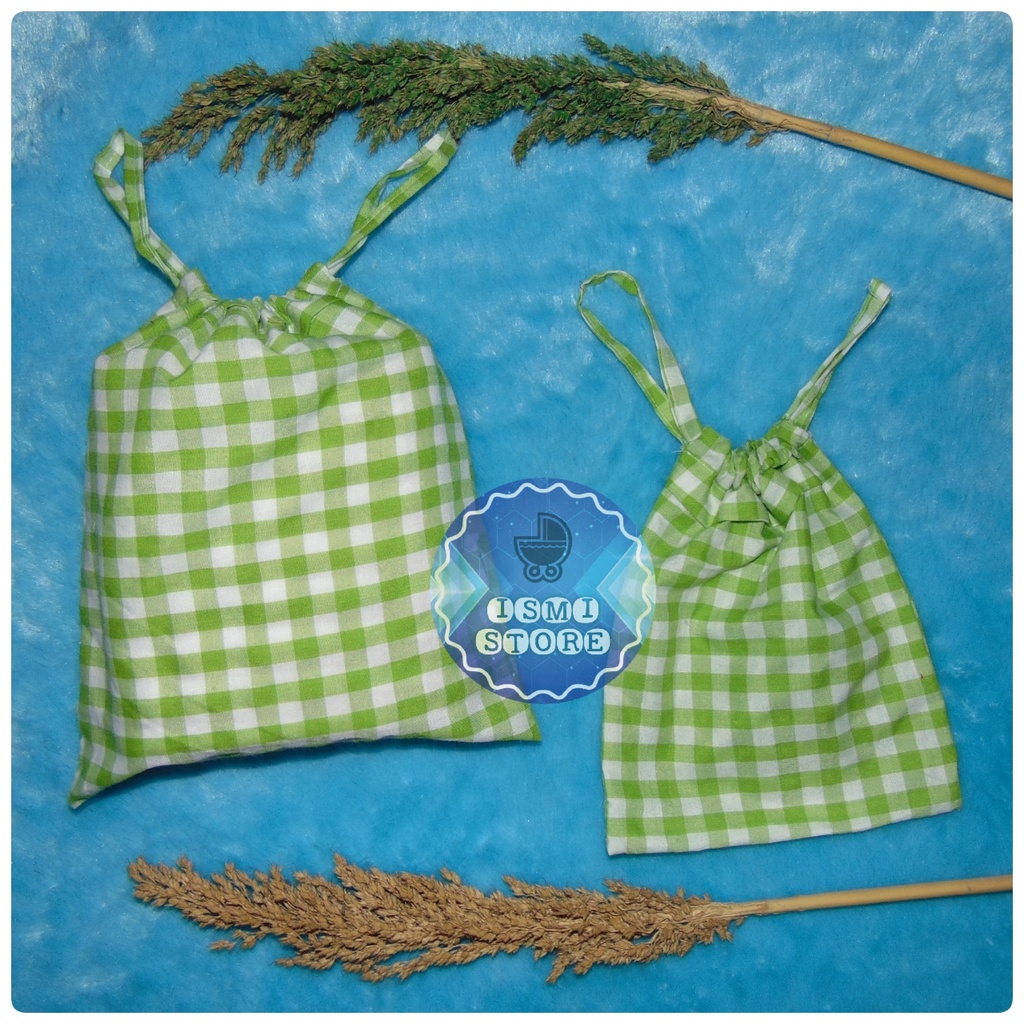 Tas Serut / Pouch Serut Unik Motif Kotak-Kotak Gingham Lucu Gaya Korea Bahan Katun Ukuran Besar dan Kecil by Ismi Store