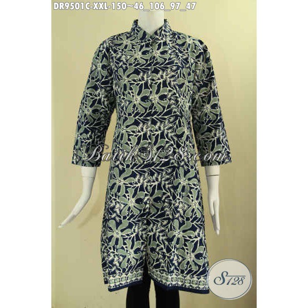Batik Dress Solo Wanita Gemuk Model Kancing Depan Lengan 7/8 Kerah Shanghai Size XXL DR 9501 C