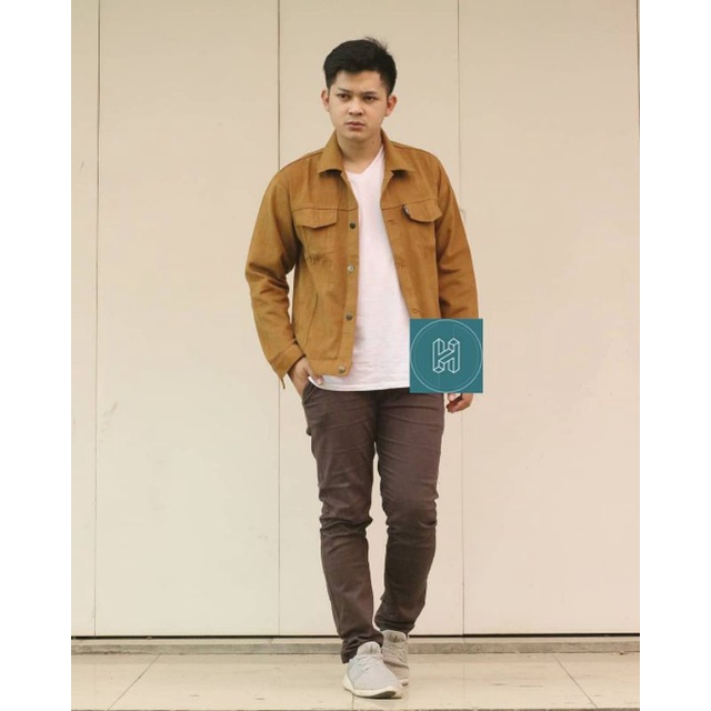 JAKET JEANS PRIA TRUCKER DENIM COWO COKLAT GOLD