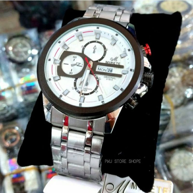 Jam Tangan Mirete Official Watch Original FREE BOX Exklusive_Water Resistantce Fitur Tanggal Hari Aktif_ Strap Rantai Stainlees Steel_Anti AIR JAM TANGAN Pria KUARSA Import Mewah Elegan Sporty_  JAM TANGAN MIRETE