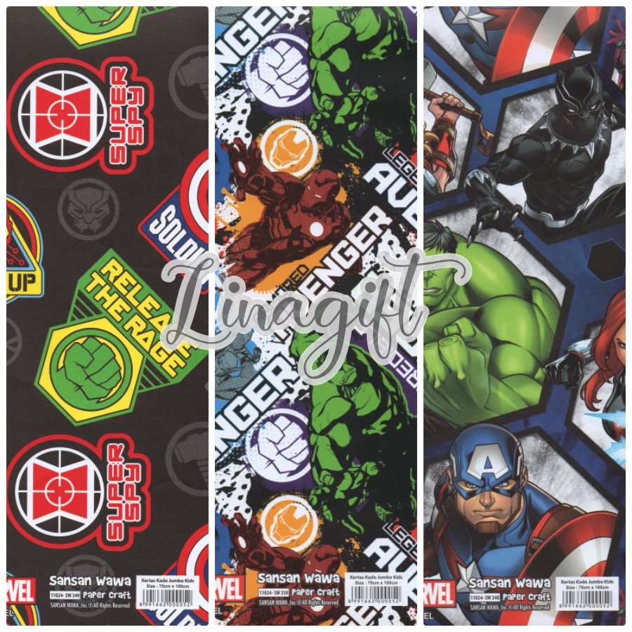 ( 5 Lembar ) JUMBO HEROES - KERTAS KADO SANWA - GIFT WRAPPING PAPER SANSAN WAWA SUPERHEROES BIRTHDAY BOY SPIDERMAN CAPTAIN AMERICA THE FLASH AVENGERS HULK IRON MAN