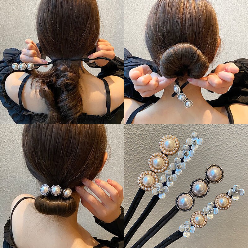 OVERFLOWS.ID Ikat Rambut Jepirtan Rambut Sanggul Hair Bun Tie Kawat Jepit Korea Retro Elegant Pearl Flower Hair Rope