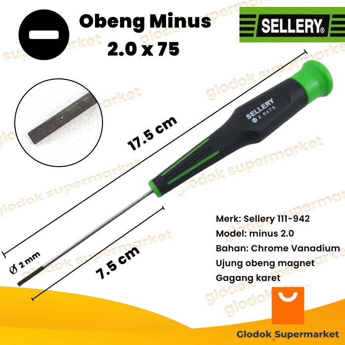 Obeng Minus 2.0 x 75 Sellery 11-942 Diameter 2mm Panjang Besi 75mm Magnet Gagang Karet