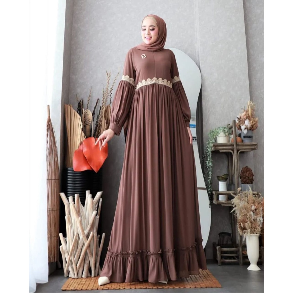 GAMIS WANITA WULAN DRESS BO CERUTY BABYDOLL FULL PURING APLIKASI RENDA LD 100 cm PB 130 cm ZIPPER DEPAN GAMIS CERUTY WNAITA TERBARU 2023 KEKINIAN / DRESS WANITA JUMBO / MAXY DRESS BUSUI / FASHION WANITA MUSLIM MODERN / PAKAIAN WANITA BAJU MUSLIM WANITA