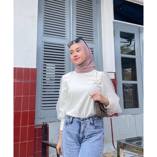 ATASAN BAJU MARSIA TOP BLOUSE LENGAN PANJANG TILE DOT BAHAN SCUBA WANITA TERLARIS TERBARU