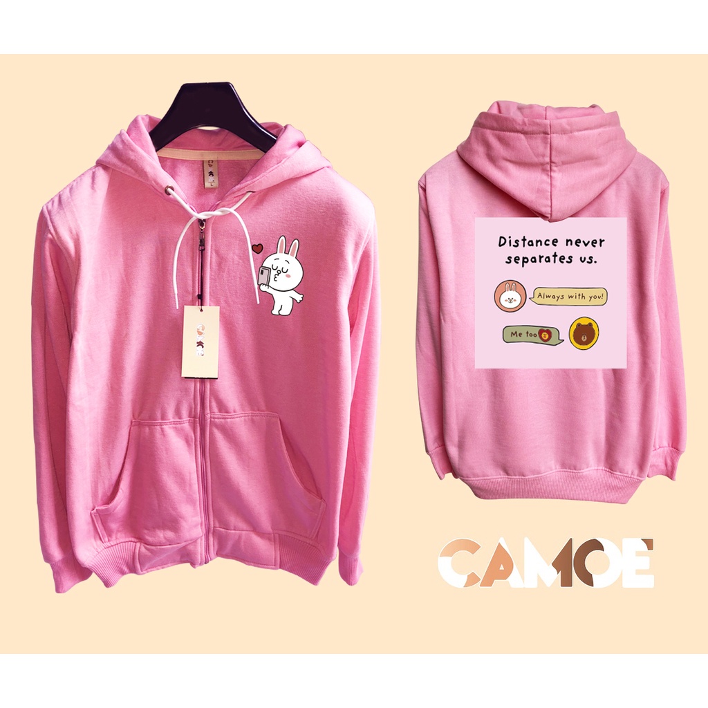 Jaket Hoodie Zipper Valentine Couple Brown Cony Phone