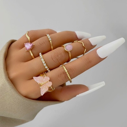 8units / Set Cincin Butterfly Geometri Bahan Metal Warna Pink Untuk Boneka Barbie