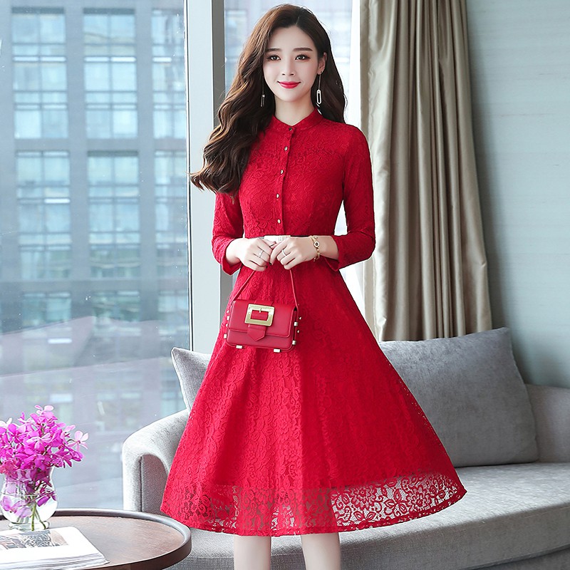 Dress Pesta Model Lengan Panjang Gaya Korea Elegan Bahan Lace Warna Merah Untuk Wanita