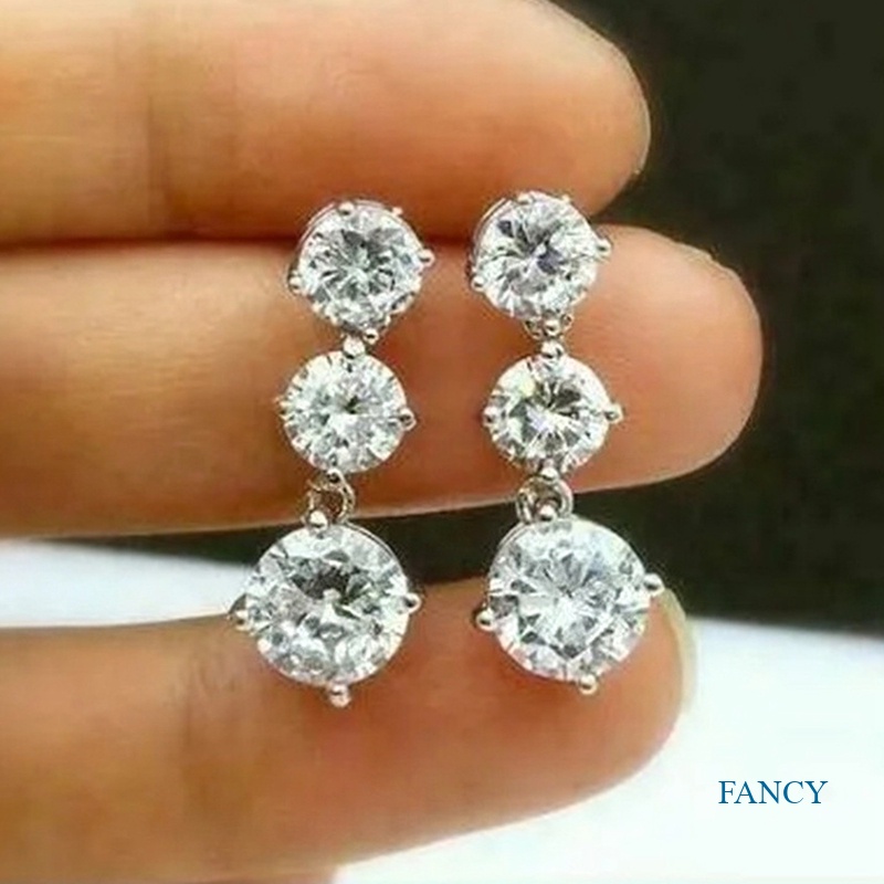 Anting Tusuk Gantung Wanita Desain 3 Bulat Hias Cubic Zirconia Gaya Simple Untuk Pertunanganpernikahan