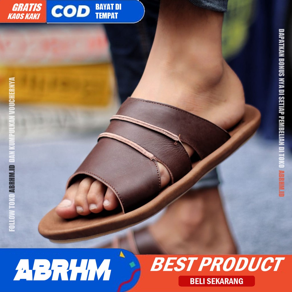 ABRHM X TAIM Sandal Slide Pria Sandal Slop Pria Kulit Asli Ori Sendal Selop Cowok / Cowo kekinian