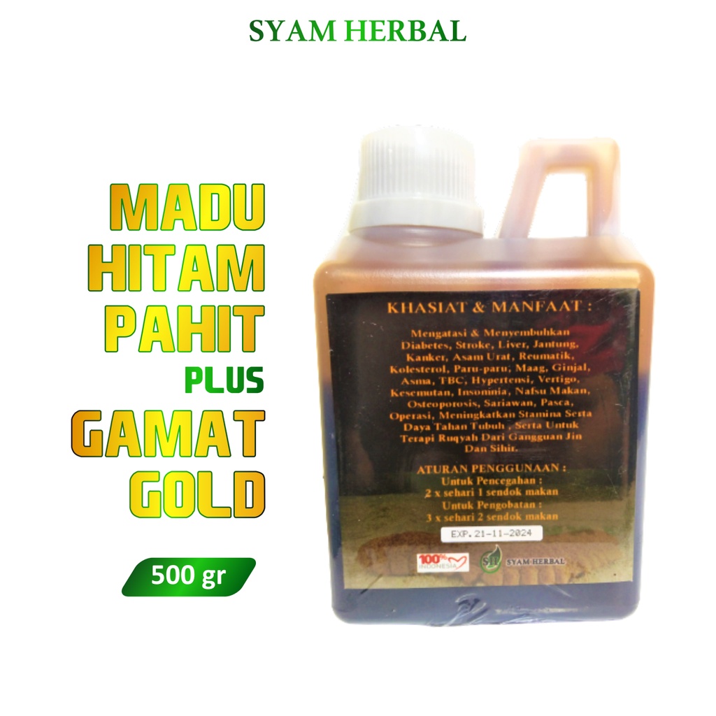 Madu Hitam Pahit GAMAT GOLD plus 500 gr Daun Insulin dan Sambiloto / Syam Herbal Original