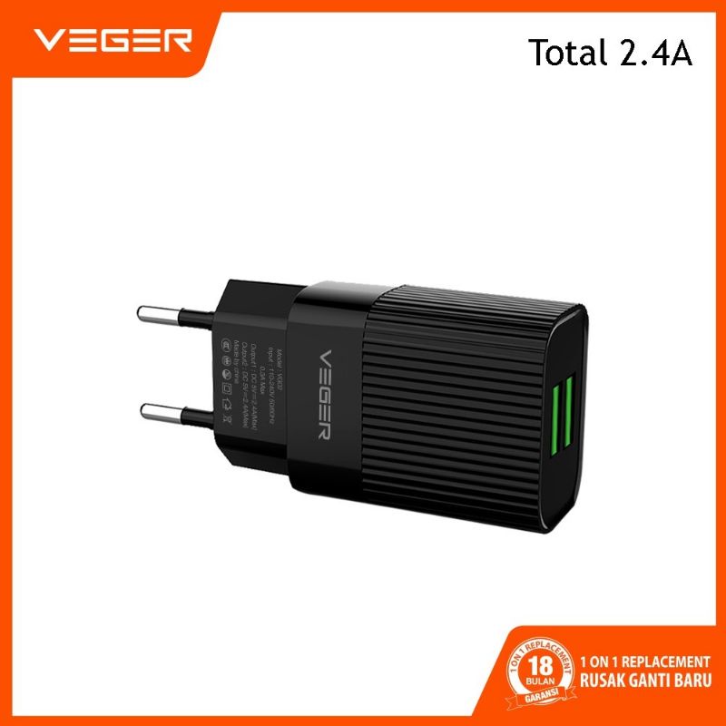 Kepala Charger VEGER Wall Charger VG02 2 Ports USB Output 2.4A
