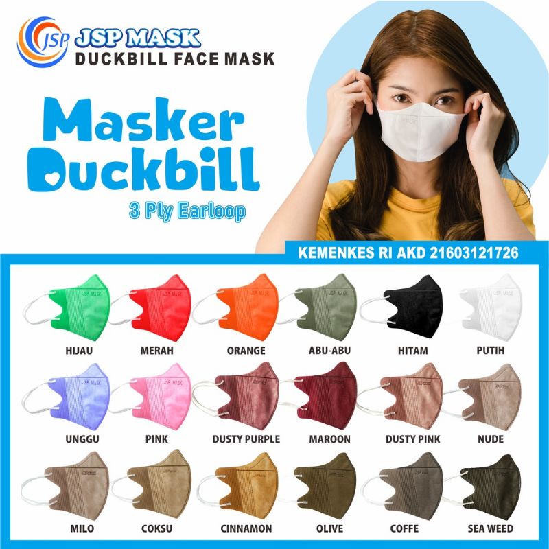 JSP masker duckbill 3 ply earloop 1 pack isi 10 pcs free 1 konektor