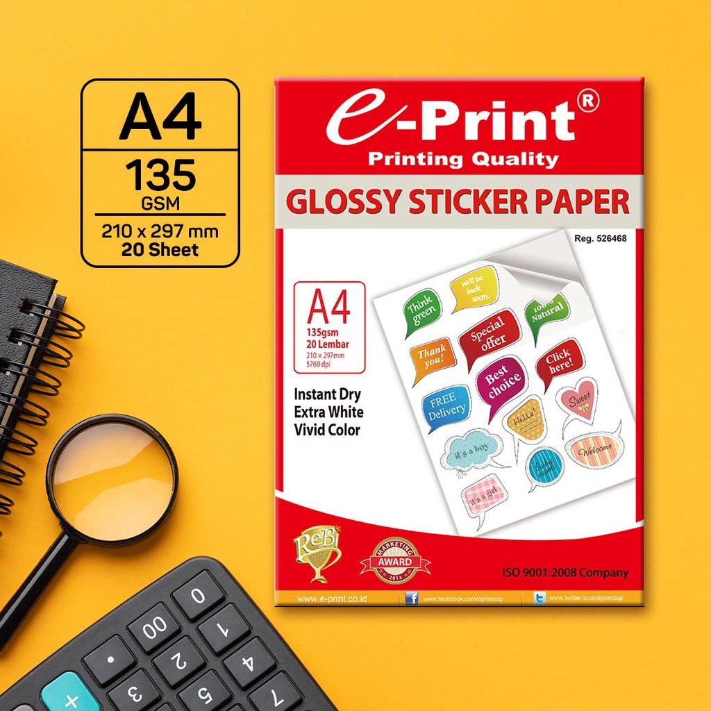 

E-PRINT GLOSSY STICKER PAPER A4 135GSM 20 SHEET / 20 LEMBAR
