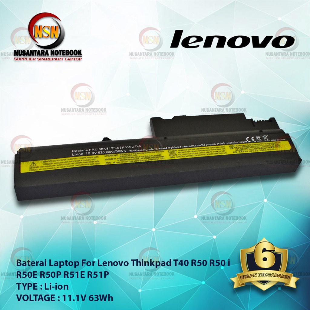 Baterai OEM Laptop Lenovo For Thinkpad T40 R50 R50 i R50E R50P R51E R51P