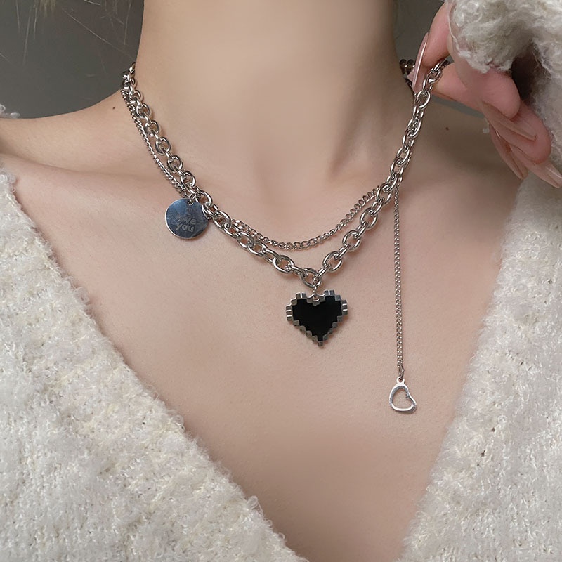 Kalung Liontin Hati Model Lapis Ganda Gaya Hip Hop Korea