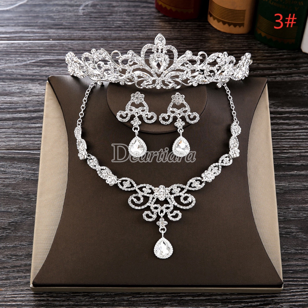 Fashion Pengantin Mahkota Tiga Potong Set Kalung Anting-Anting