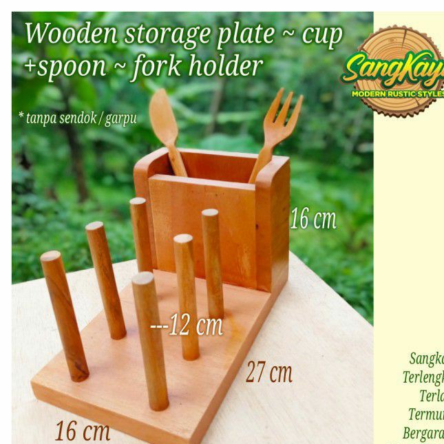 Tempat piring kayu gelas cangkir sendok garpu storage plate cup holder