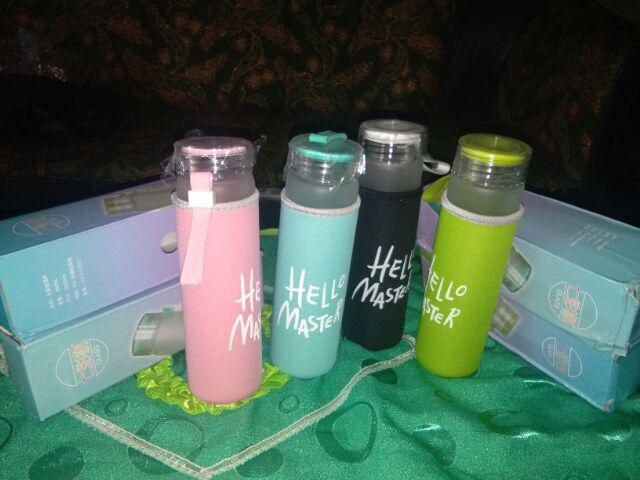 Hello Master + Pouch Warna 450ml Botol Minum Kaca / Botol Air / Water Glass Bottle