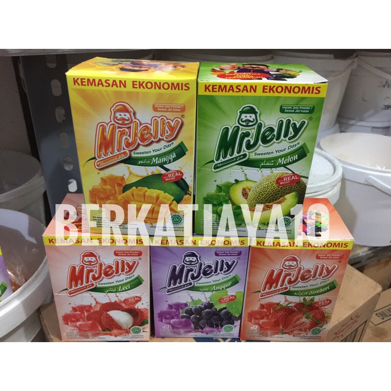 Mr Jelly ekonomis bubuk jelly instant rasa buah 1 dus isi 12x10 gr