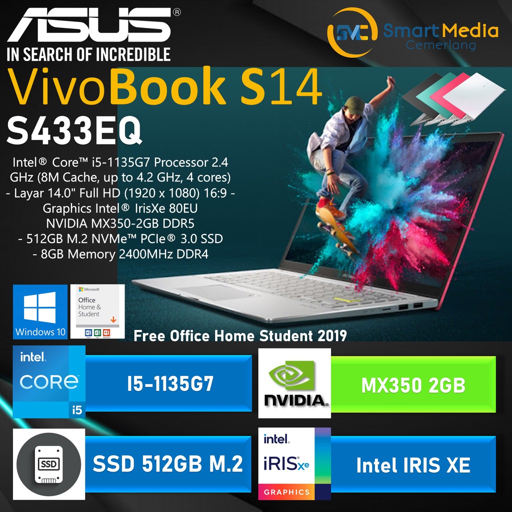 ASUS VIVOBOOK S14 S433EQ i5-1135G7 8GB 512GB MX350 2GB 14" FHD W10 IPS