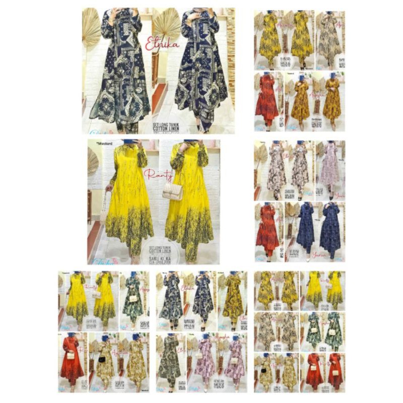 Setelan long tunik katun linen motif ala baju indiaone set