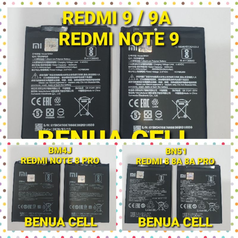 BATRE BATERAI BATEREI XIAOMI REDMI 8/8A/8A PRO BN51 -REDMI NOTE 8PRO BM4J -REDMI 9/9A/ NOTE 9 BN54