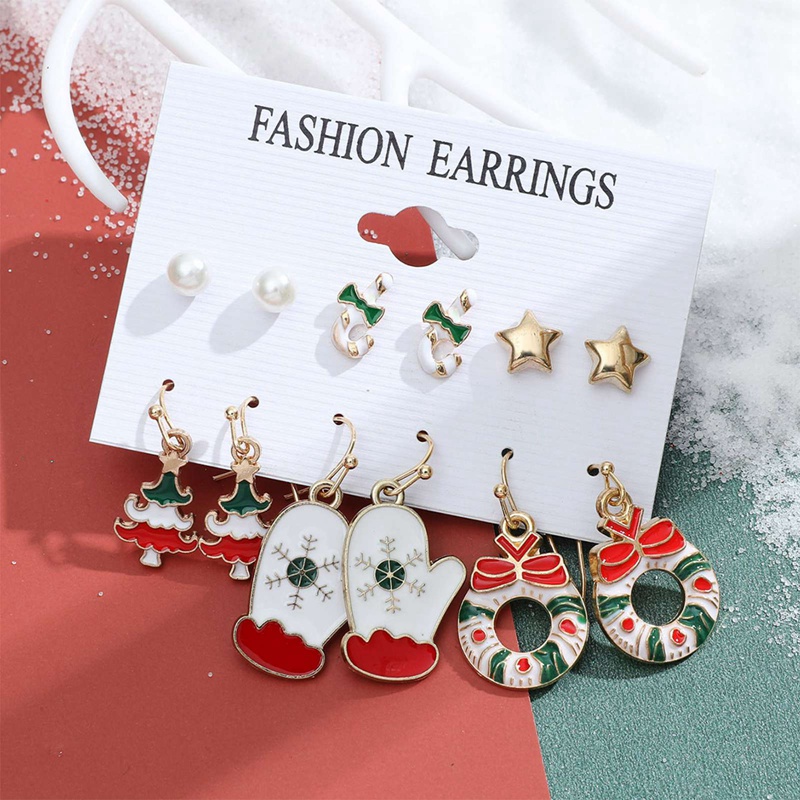 Fancyqube 6 Pasang / Set Anting Desain Kartun Pohon Natal Gingerbread Man Snowflake Untuk Wanita