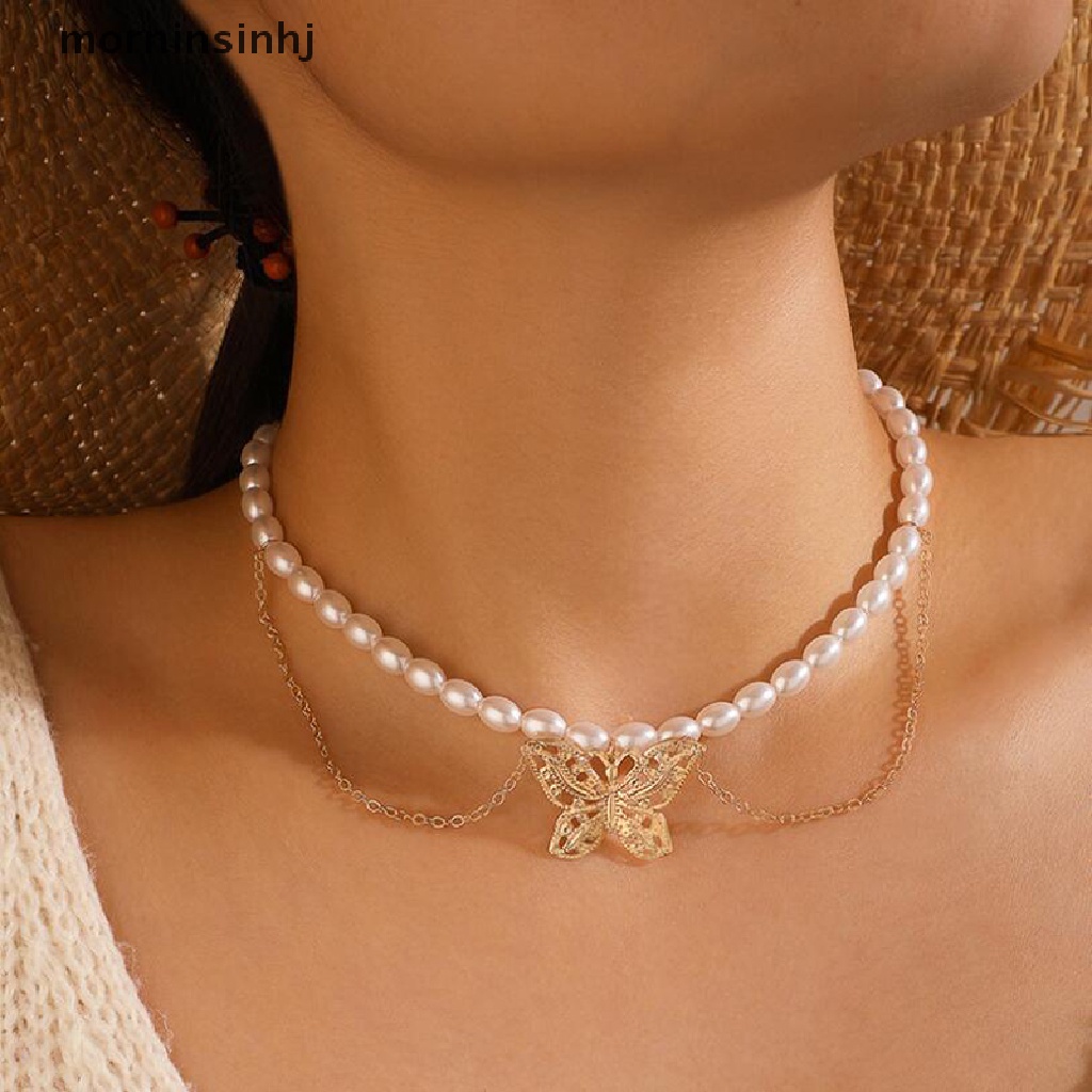 Mor Kalung Choker Mutiara Banyak Lapis Dengan Liontin Kupukupukerang Untuk Wanita