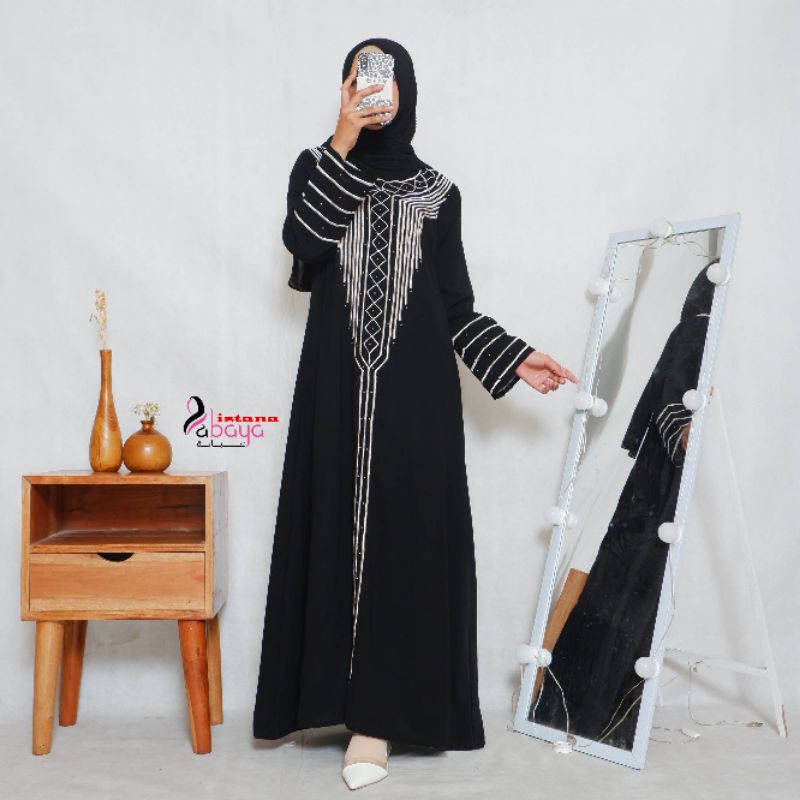 abaya bordir garis2 alur putih minimalis simpel namun keren