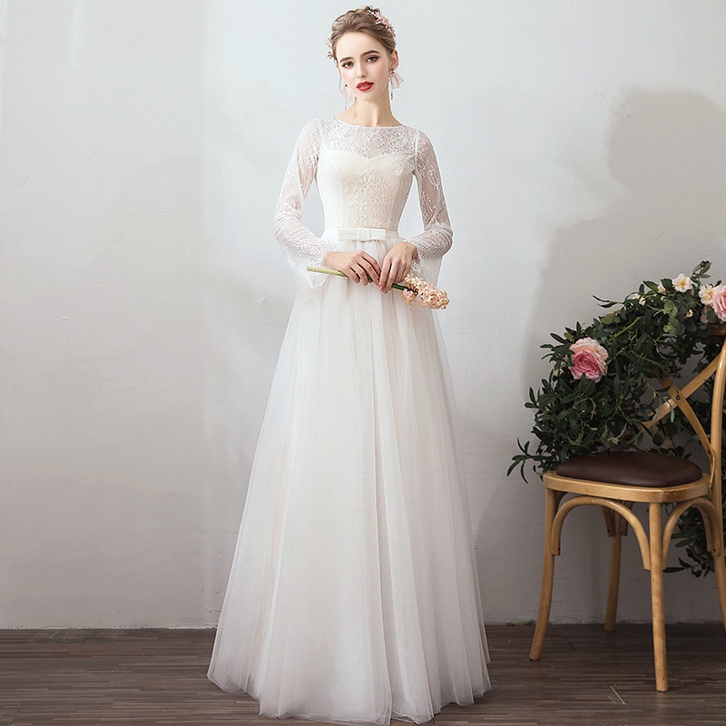 Vintage Soft White Wedding Dress Simple Lace Beaded Slim Fit Bride Dress Gown