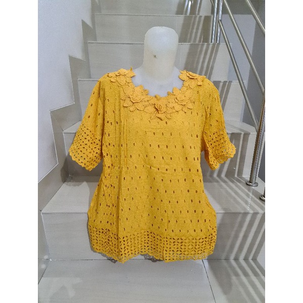 Blouse Brukat Putih, Hitam, Warna Tangan Pendek Import Size XL, 2XL, 3XL-829 - Kuning