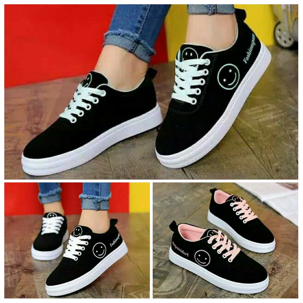 Sepatu kets fashion sport smile wanita/ sepatu kets kasual hitam cewek/ sepatu running sport wanita