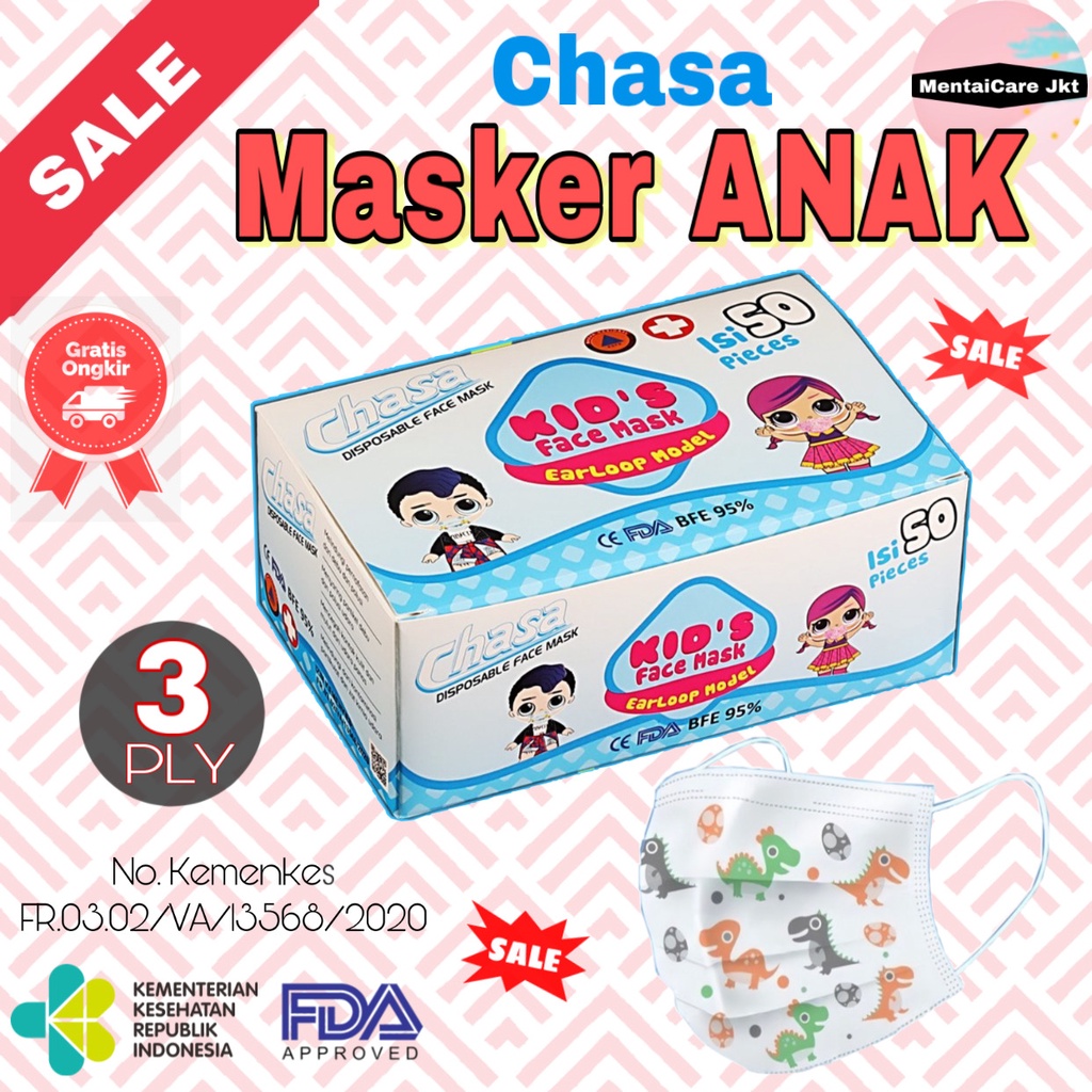 Masker ANAK 3ply ONECARE CHASA isi 50pcs kids face mask earloop motif one care
