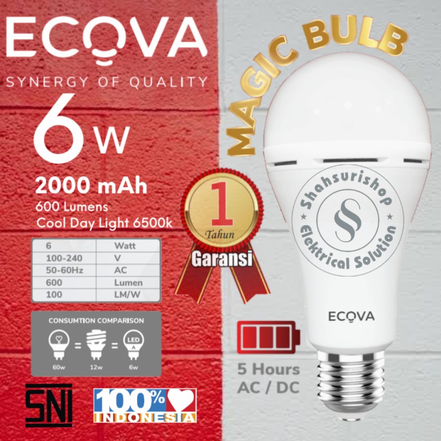 ECOVA MAGIC BULB 6W 6 WATT EMERGENCY LAMP LAMPU CAS BERGARANSI