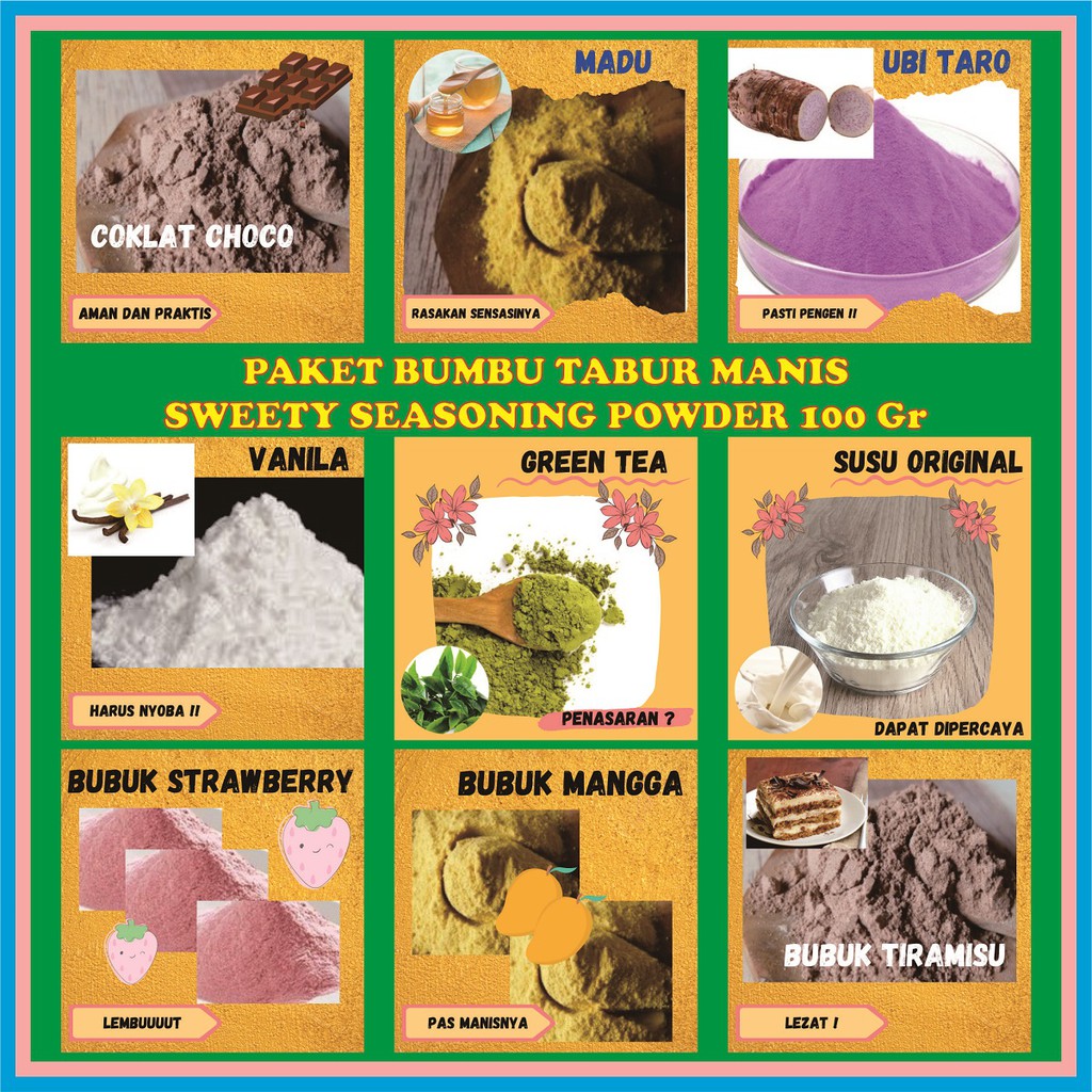 

Bumbu Tabur Paket Lengkap Manis Murah Enak Coklat Madu Taro Vanilla Green Tea Susu Strawberry Mangga