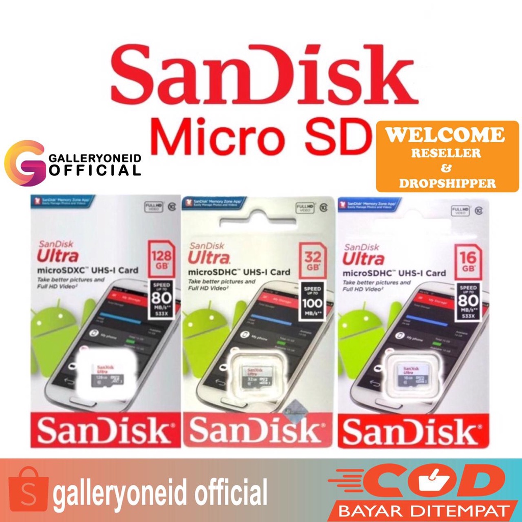 Sandisk Ultra Micro SD 16 32 64 128 GB Kartu Memory Class 10 Aksesoris Handphone Hp GALLERYONE gallery one