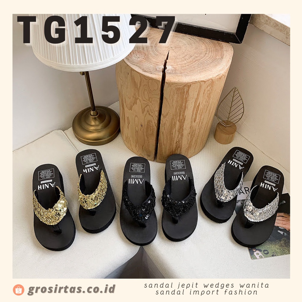 CUCI GUDANG SHOEGALLERY TG1527 SANDAL JEPIT WEDGES WANITA MOTIF SQUIN IMPORT