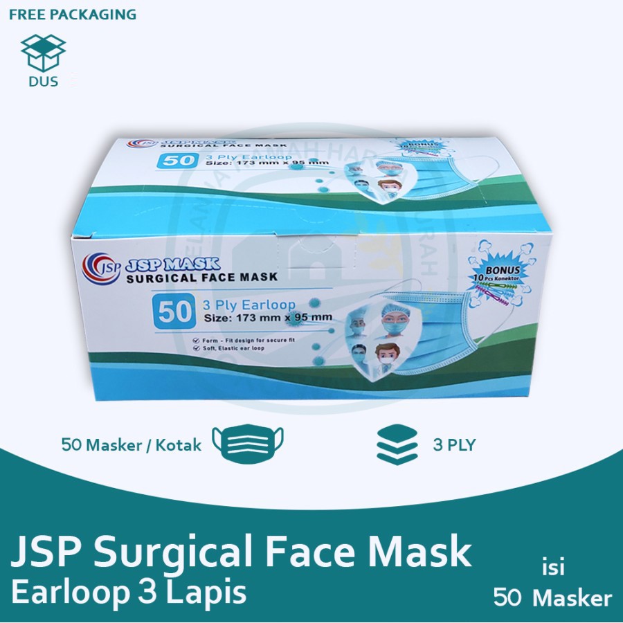 Masker Surgical Face Mask JSP Earloop 3 Ply Terdaftar KEMENKES isi 50 Free Konektor untuk Headloop