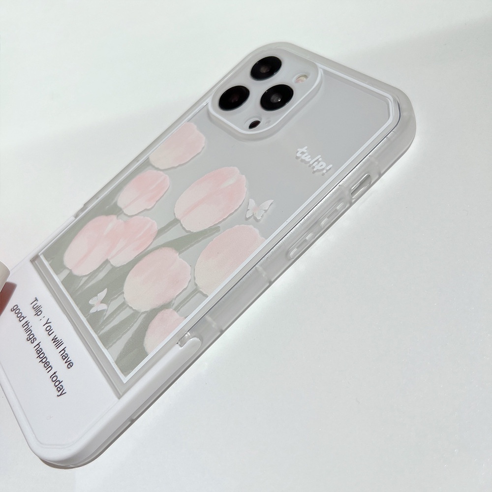 Case Pelindung Transparan Motif Bunga Pink Dengan Holder Putih Untuk Iphone 11 8 7 Plus SE2 XS XR 12 13 PRO MAX