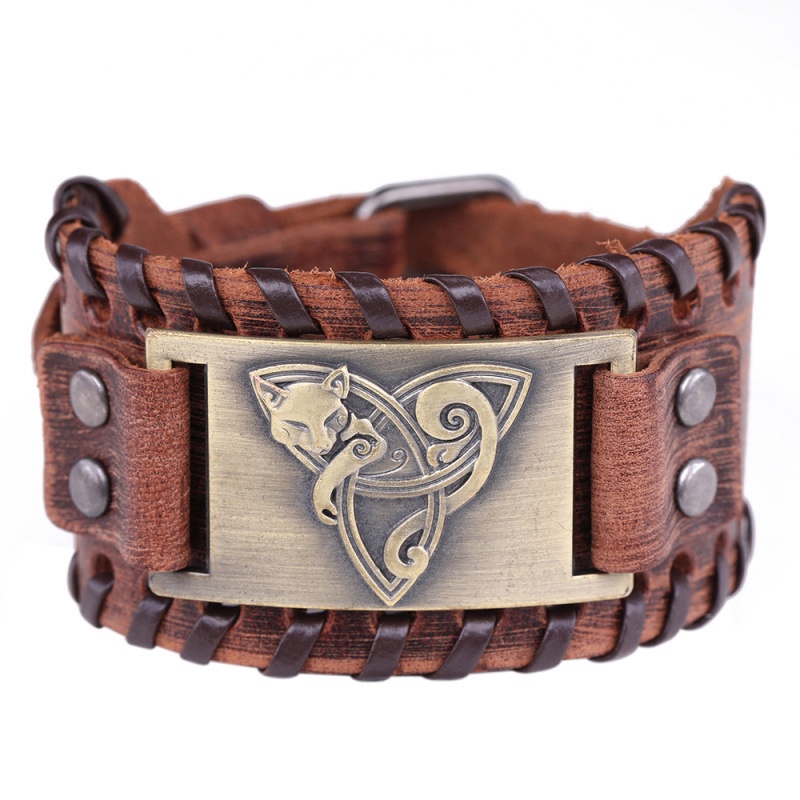[Z H Perhiasan] Hip Hop Rock Retro Pria Fashion Stainless Steel Viking Fox Rune Gelang Kulit Pesta Perhiasan Aksesoris