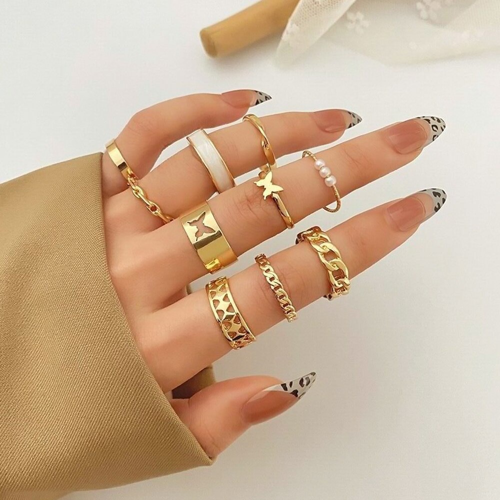 Set Cincin Rantai Emas Bentuk Kupu-Kupu Geometris Gaya Hip Hop Punk Untuk Wanita