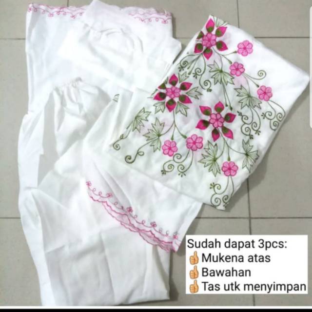 MUKENA PUTIH KATUN BSY BORDIR MOTIF BUNGA TIMBUL