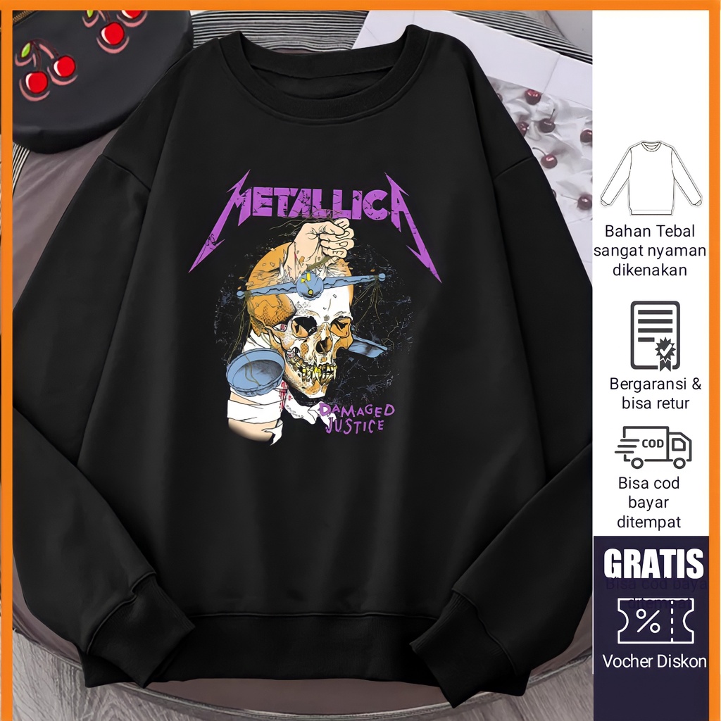 Sweater Metallica Sweter Wanita Metalica Bahan Flecee Tebal Lembut Crewnek Crewneck Black Metal Pria